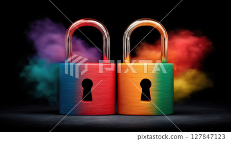Two colorful padlock with vibrant smoke symbolize security and protection in e commerce digital transactions and online data safety 127847123