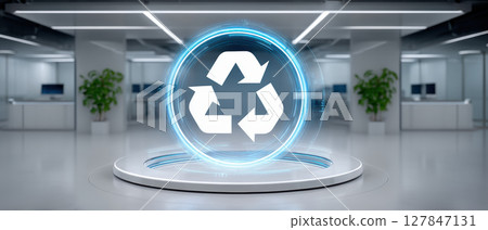 Recycling symbol hologram modern office environment representing eco friendly e commerce and sustainable business practices with digital innovation 127847131