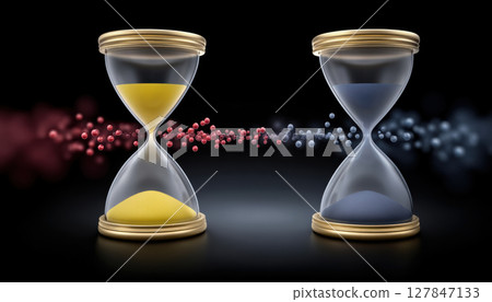 Two hourglass with yellow and blue sand connected by floating particles symbolizing time and e commerce flow in modern concept 127847133