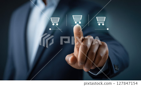 E commerce shopping cart icon with businessman hand selecting online purchase option for digital retail and e commerce business 127847154