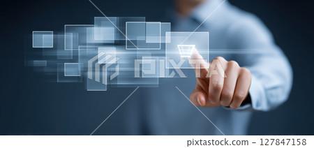Person using digital interface to select shopping cart icon representing e commerce with futuristic and innovative touch 127847158