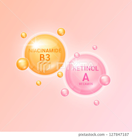 Retinol or vitamin A orange and Niacinamide or vitamin B3 pink. Helps keep skin moisturized and youthful. For cosmetic advertising medical beauty. Vector EPS10. Retinol or vitamin A orange and Niacinamide or vitamin B3 pink. Helps keep skin moisturized and youthful. For cosmetic advertising medical beauty. Vector EPS10. 127847187