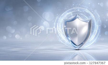 Shiny silver shield with glowing digital circle on blurred blue background symbolizing protection and security in technology and data safety 127847367