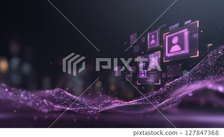 Digital network with glowing purple user icons and data wave, futuristic technology concept with abstract particles and dark background 127847368