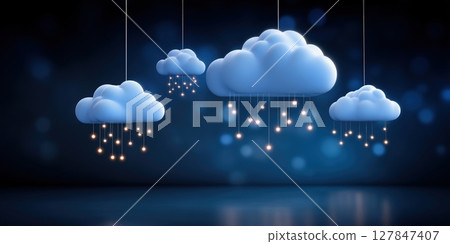 Cloud technology concept data center concept modern cloud technologies with glowing lights hanging on blue background Cloud technology concept data center concept modern cloud technologies with glowing lights hanging on blue background 127847407