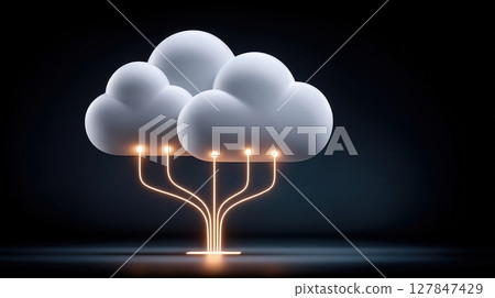 Cloud technology concept with modern cloud data center and technologies glowing connection in dark background 127847429