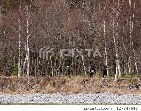 遊客沿著上高地的梓川漫步，這裡是春季的熱門旅遊景點 127847648