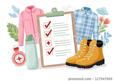 Camping gear essentials displayed with checklist, including hiking boots, shirts, water bottle, and compass, surrounded by nature-inspired elements for outdoor adventure planning 127847669