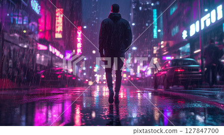 A man walking through a neon-lit city on a rainy night 127847700