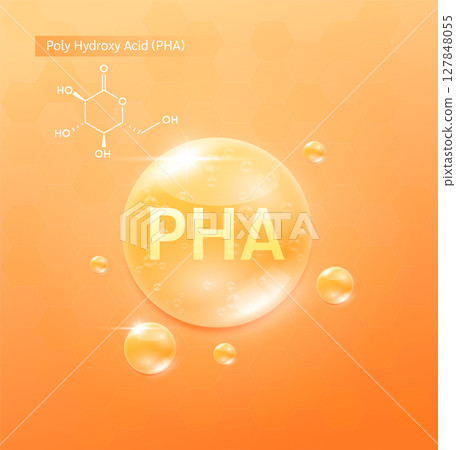 PHA Poly Hydroxy Acid solution orange and chemical structure formula. Serum skin care face for cosmetics ads. Medical beauty science. Vector EPS10. 127848055