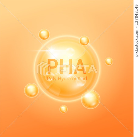 PHA Poly hydroxy acid solution orange and chemical structure formula. Serum skin care face for cosmetics ads. Medical beauty science. Vector EPS10. PHA Poly hydroxy acid solution orange and chemical structure formula. Serum skin care face for cosmetics ads. Medical beauty science. Vector EPS10. 127848149