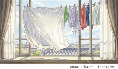 A calm summer sky and cityscape seen through the laundry A calm summer sky and cityscape seen through the laundry 127848260