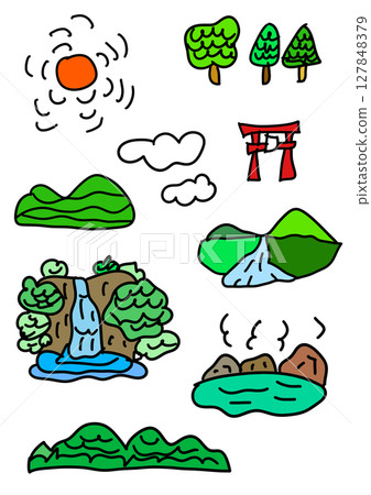 A simple illustration set of nature, including waterfalls and mountains 127848379