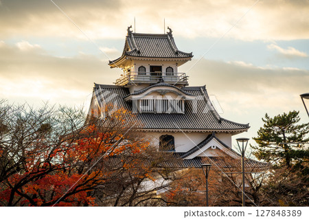 Nagahama Castle, autumn leaves, and autumn sunset. Nagahama, Shiga Prefecture, Japan Nagahama Castle, autumn leaves, and autumn sunset. Nagahama, Shiga Prefecture, Japan 127848389