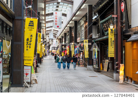 A banner reading "Thank you Hideyoshi-san" hung in the Kurokabe Square shopping arcade. Nagahama City, Shiga Prefecture, Japan 127848401