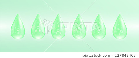 Molecule in water drop collagen solution green. Vitamins complex Hyaluronic acid Moisturizer from nature. Used for design cosmetic products. Beauty skin care ads. Medical scientific. 3D Vector. 127848403