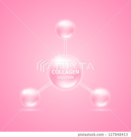 Collagen solution atom pink. Vitamins complex from nature. Beauty treatment nutrition skin care. Medical scientific concepts. 3D Vector EPS10. Collagen solution atom pink. Vitamins complex from nature. Beauty treatment nutrition skin care. Medical scientific concepts. 3D Vector EPS10. 127848413