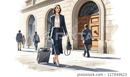 一位優雅的女士在出差途中漫步於城市 127848623