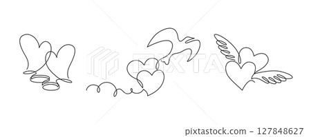 Set of valentines with hearts drawn in continuous line in minimalism, one line, festive decor, greeting card, invitation to holiday, wedding. Editable vector contour. 127848627