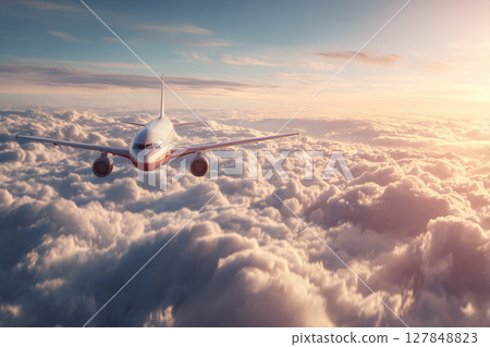 Airplane Flying Above a Cloudy Sky at Sunset with Soft Light and Peaceful Atmosphere 127848823