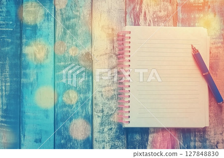 White Notebook on Wooden Table with Copy Space and Stylish Pen for Creative Ideas or Notes White Notebook on Wooden Table with Copy Space and Stylish Pen for Creative Ideas or Notes 127848830