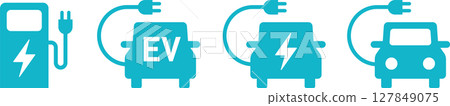 Electric car, EV, eco car and charging station icon illustration blue front Electric car, EV, eco car and charging station icon illustration blue front 127849075