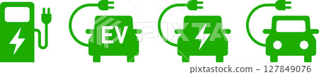 電動車、電動車、生態車和充電站圖示插圖綠色正面 電動車、電動車、生態車和充電站圖示插圖綠色正面 127849076