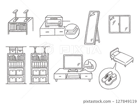 Hand-drawn illustration set related to earthquake countermeasures (monochrome) 127849119