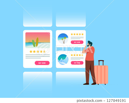 Travel booking platform with vacation deals, trip rating and destination reviews. Traveler browsing travel booking options with suitcase and buy now buttons. Travel booking flat vector illustration Travel booking platform with vacation deals, trip rating and destination reviews. Traveler browsing travel booking options with suitcase and buy now buttons. Travel booking flat vector illustration 127849191