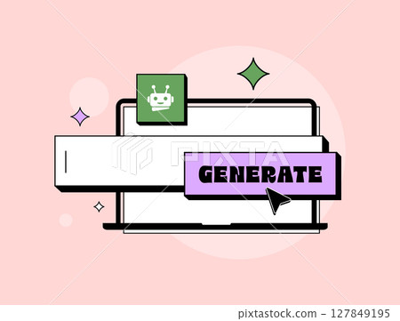 AI generator prompt in retro flat style with robot icon and laptop. Minimal pastel interface for creating content using AI generator technology, vector illustration AI generator prompt in retro flat style with robot icon and laptop. Minimal pastel interface for creating content using AI generator technology, vector illustration 127849195