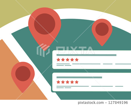 Location rating system with red map pins and five star reviews. Abstract interface with map for finding trusted places with high location rating system score. Flat design vector illustration 127849196