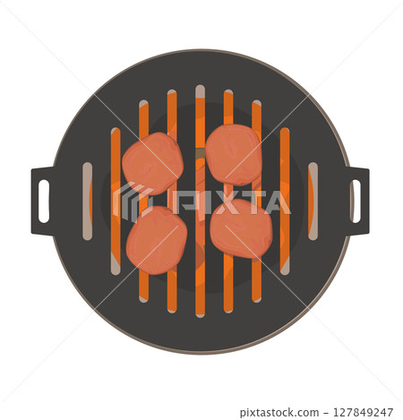 Illustration of grilling meat on a charcoal grill 127849247