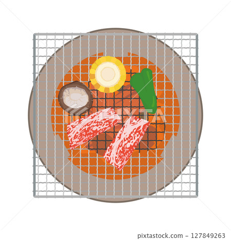 Illustration of grilling meat on a square grill 127849263