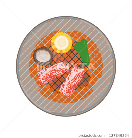 Illustration of grilling meat on a round grill 127849264
