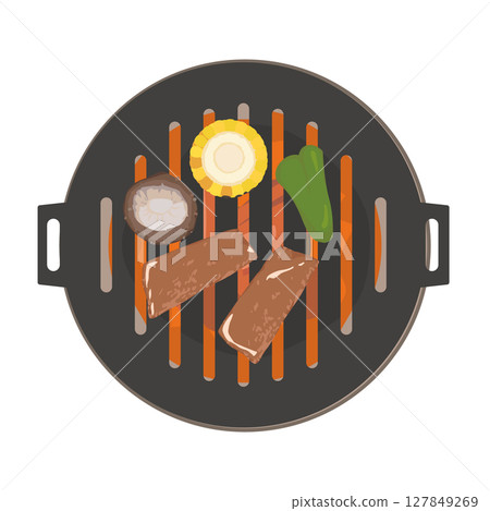 Illustration of grilling meat on a charcoal grill 127849269