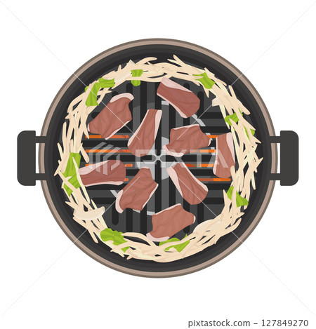 Illustration of Genghis Khan hotpot on a charcoal grill 127849270