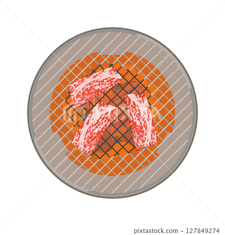 Illustration of grilling meat on a round grill 127849274