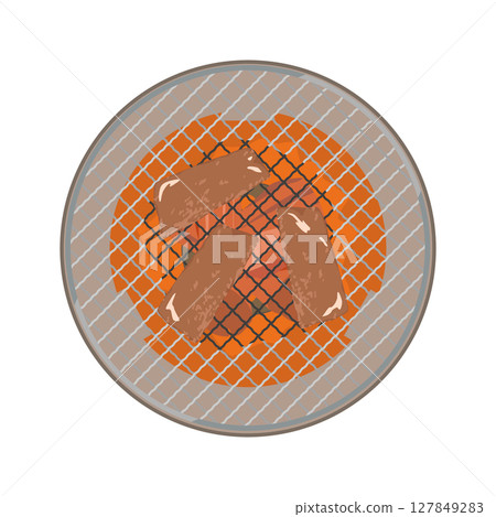 Illustration of grilling meat on a round grill 127849283