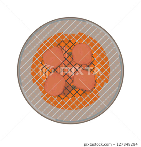 Illustration of grilling meat on a round grill 127849284
