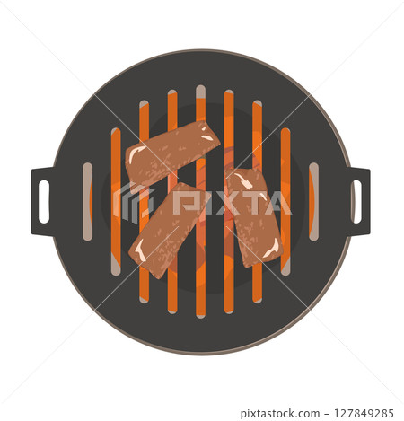 Illustration of grilling meat on a charcoal grill 127849285