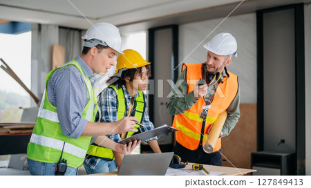 Architect caucasian man working with colleagues mixed race in the construction site. Architecture engineering on big project. Building in construction interior. 127849413