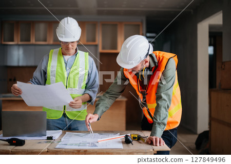 Engineers are discussing data working and laptop or tablet with architectural project at new construction site on big project. 127849496