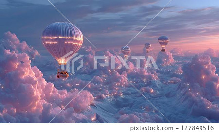 retro flying hot air balloon with clouds and sky 127849516