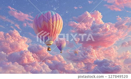 retro flying hot air balloon with clouds and sky 127849520