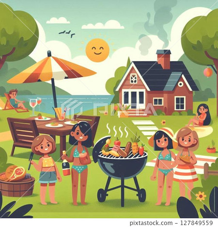 Family having a barbecue at camp 127849559