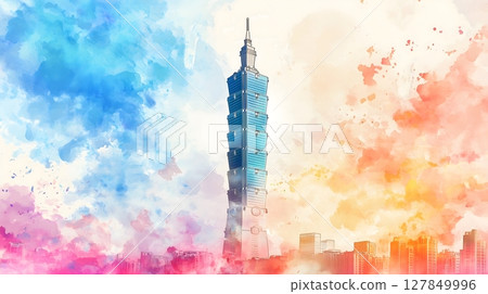 Taipei 101 Skyscraper Watercolor Cityscape in Vibrant Blue and Orange Tones 127849996