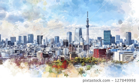 Tokyo Skyline Watercolor Artwork Featuring Tokyo Skytree and Urban Cityscape 127849998
