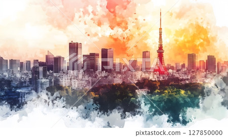 Tokyo Skyline Watercolor Sunset Cityscape with Tokyo Tower and Urban Landscape 127850000