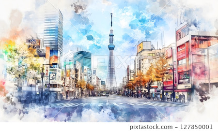 Tokyo Skytree Artistic Watercolor Cityscape with Vibrant Urban Landscape and Autumn Trees 127850001