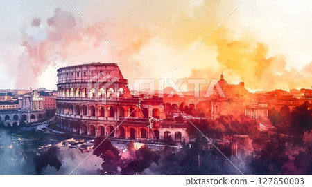 Vibrant Watercolor Sunset Over Ancient Colosseum in Rome Artistic Architectural Landscape 127850003